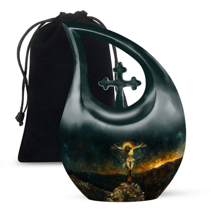 Jesus-themed aluminium cross drop cremation urn