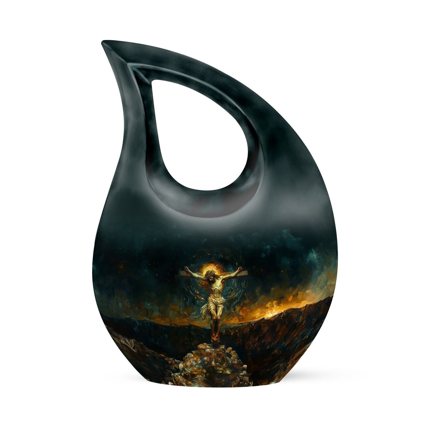 Jesus-themed aluminium cross drop cremation urn