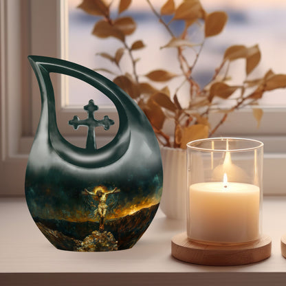 Jesus-themed aluminium cross drop cremation urn