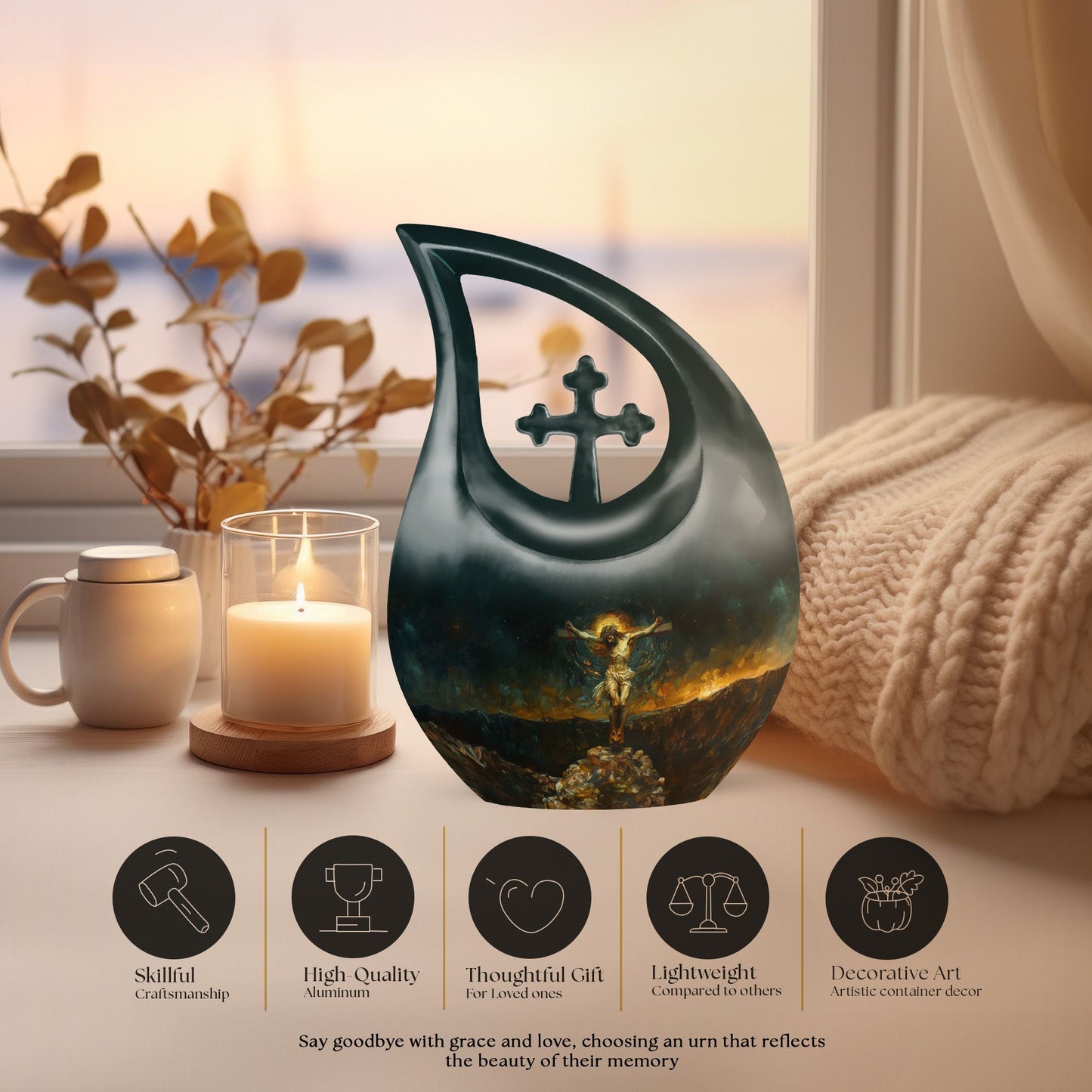 Jesus-themed aluminium cross drop cremation urn
