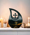 Jesus-themed aluminium cross drop cremation urn