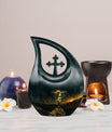 Jesus-themed aluminium cross drop cremation urn