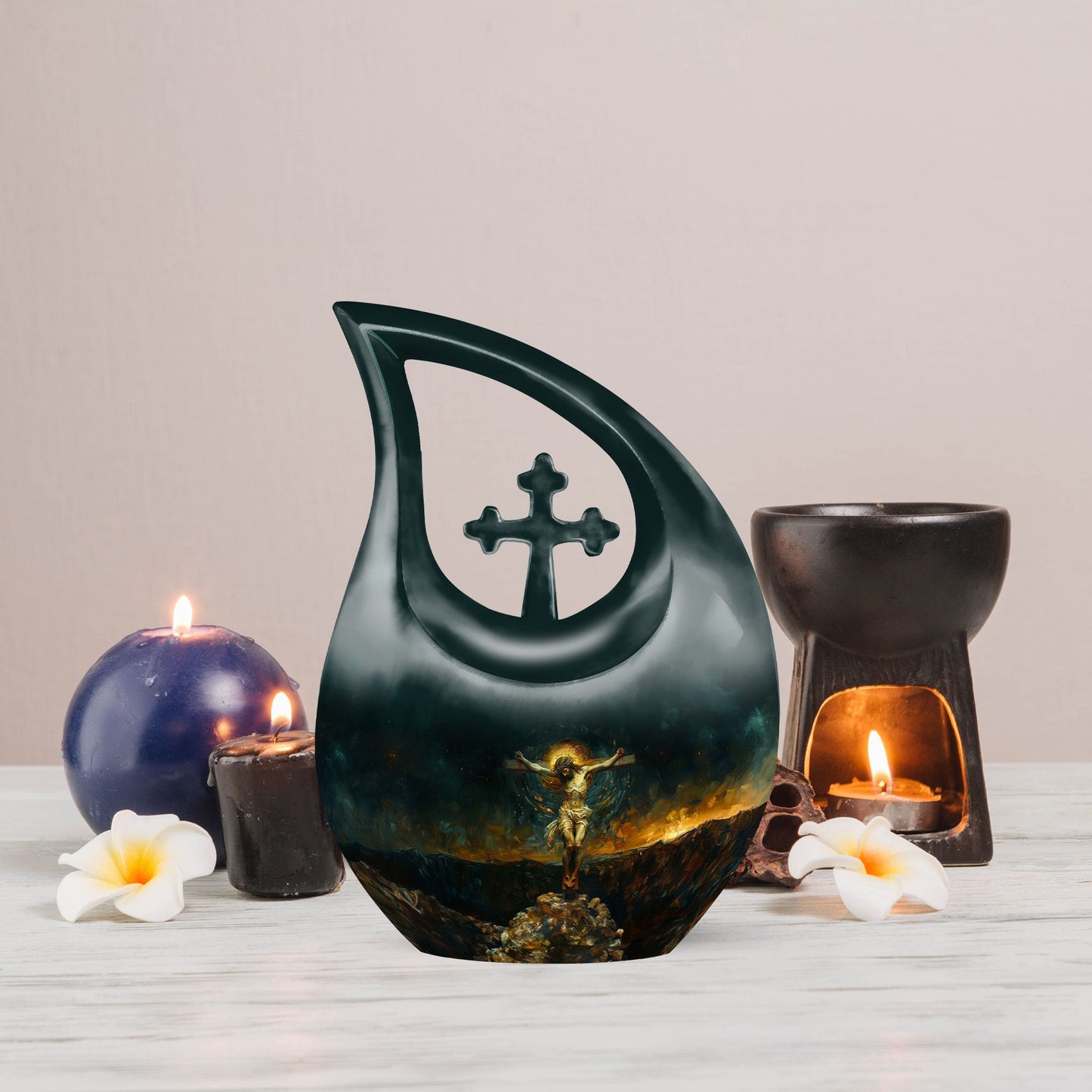 Jesus-themed aluminium cross drop cremation urn