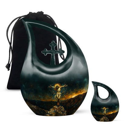Jesus-themed aluminium cross drop cremation urn