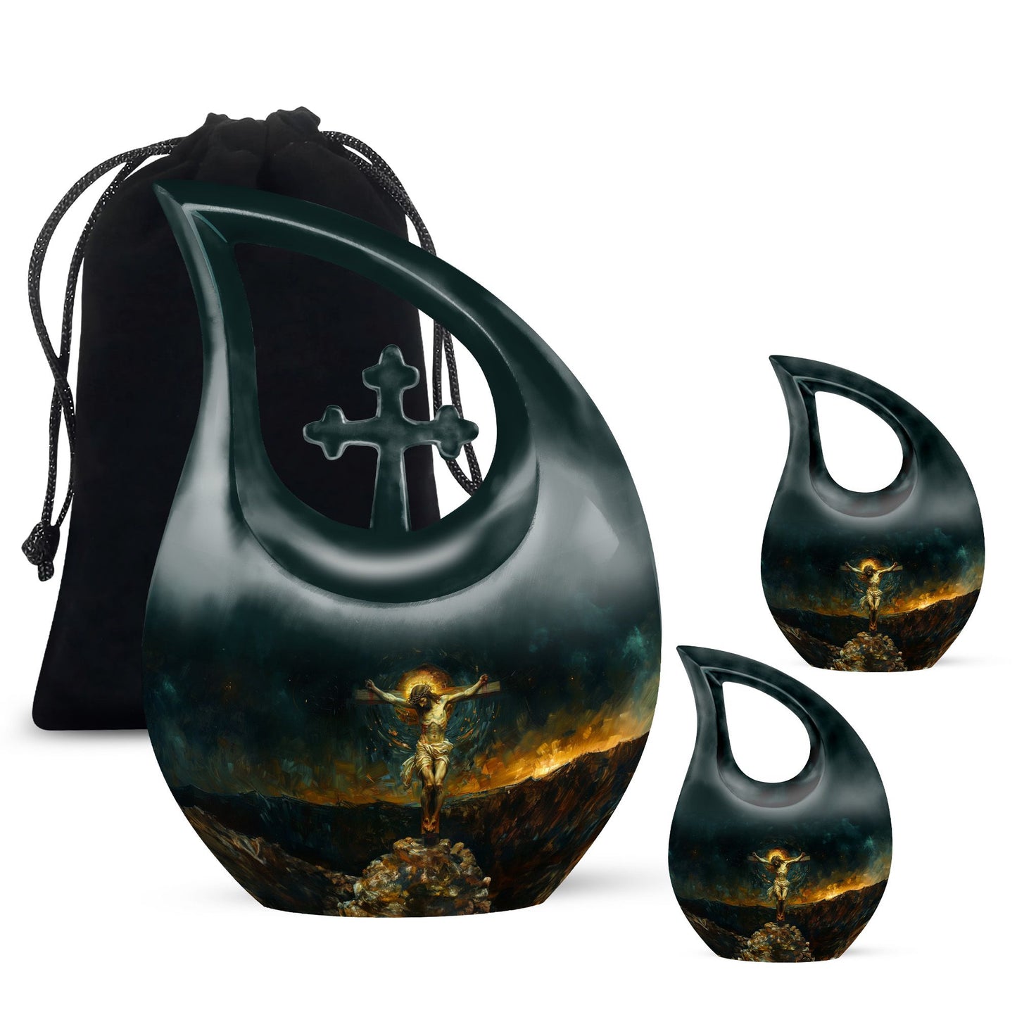 Jesus-themed aluminium cross drop cremation urn