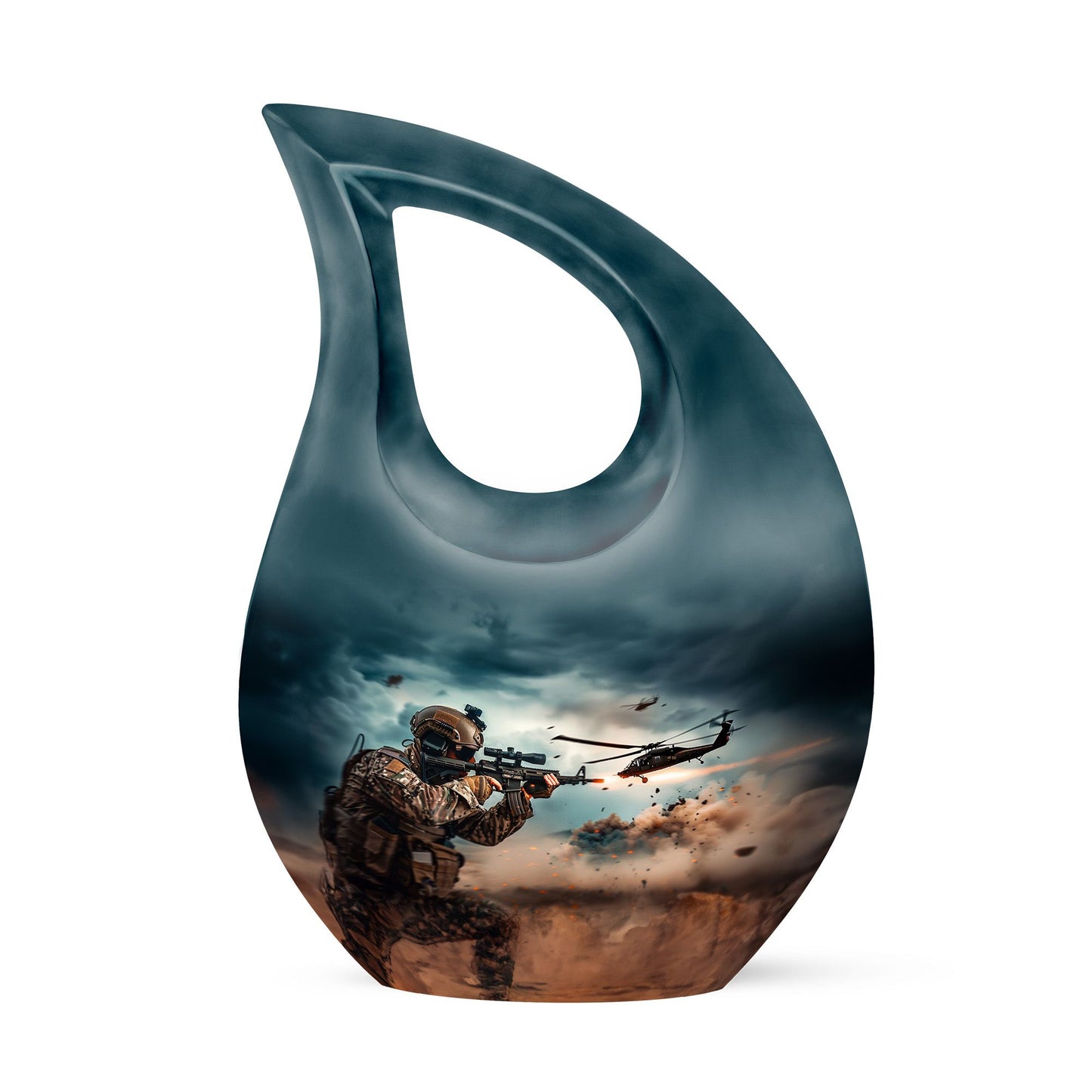 Military Urn for Human Ashes with Soldier and Helicopter Scene, Memorial Urn