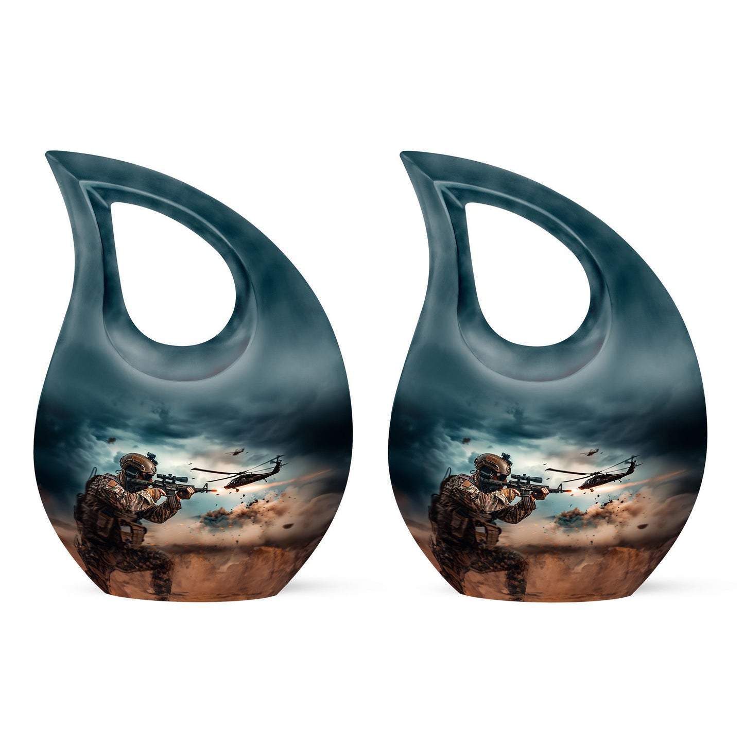 Military Urn for Human Ashes with Soldier and Helicopter Scene, Memorial Urn