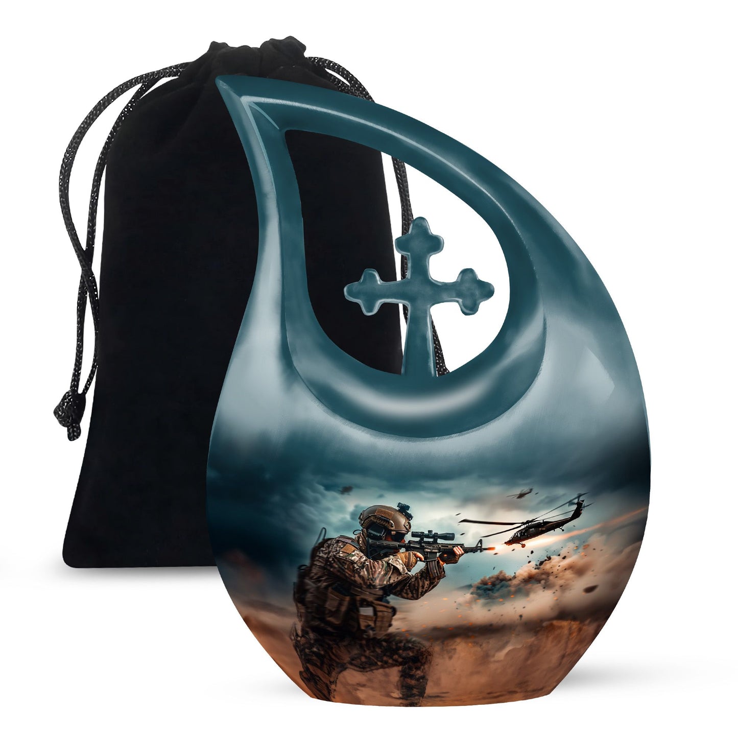 Military Urn for Human Ashes with Soldier and Helicopter Scene, Memorial Urn