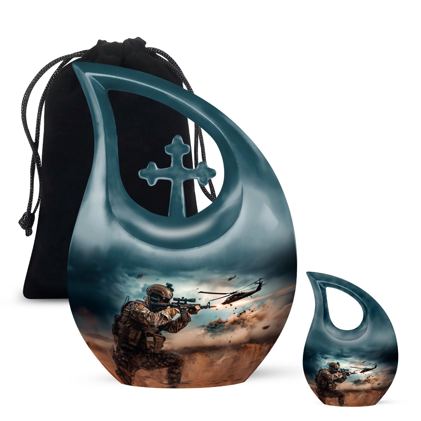 Military Urn for Human Ashes with Soldier and Helicopter Scene, Memorial Urn
