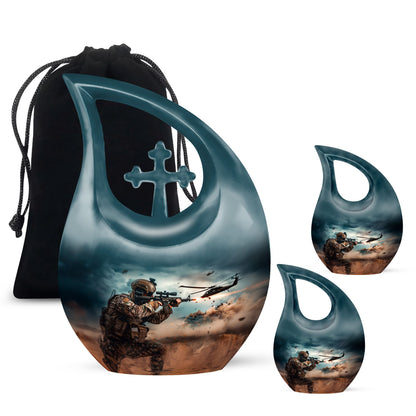 Military Urn for Human Ashes with Soldier and Helicopter Scene, Memorial Urn