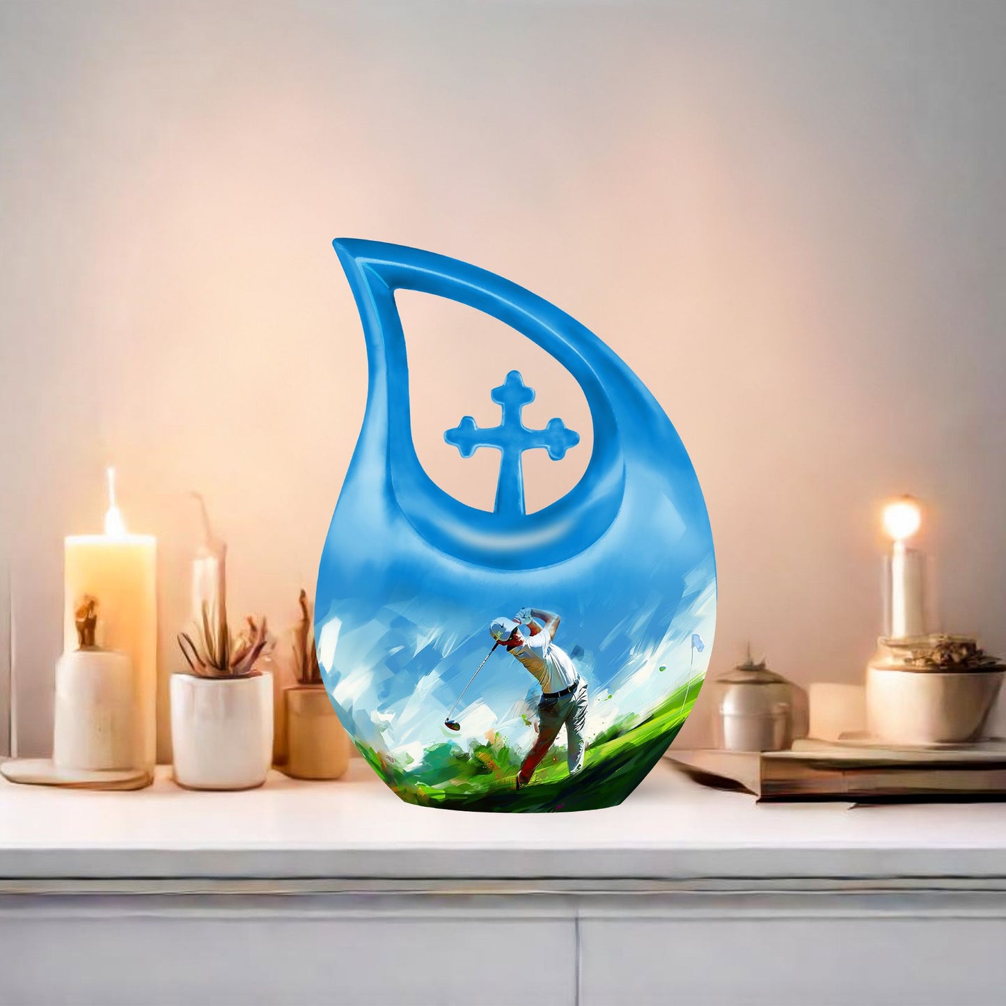 10-inch Golf Themed Cross Drop Urn for Mom