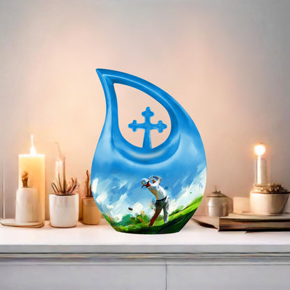 10-inch Golf Themed Cross Drop Urn for Mom