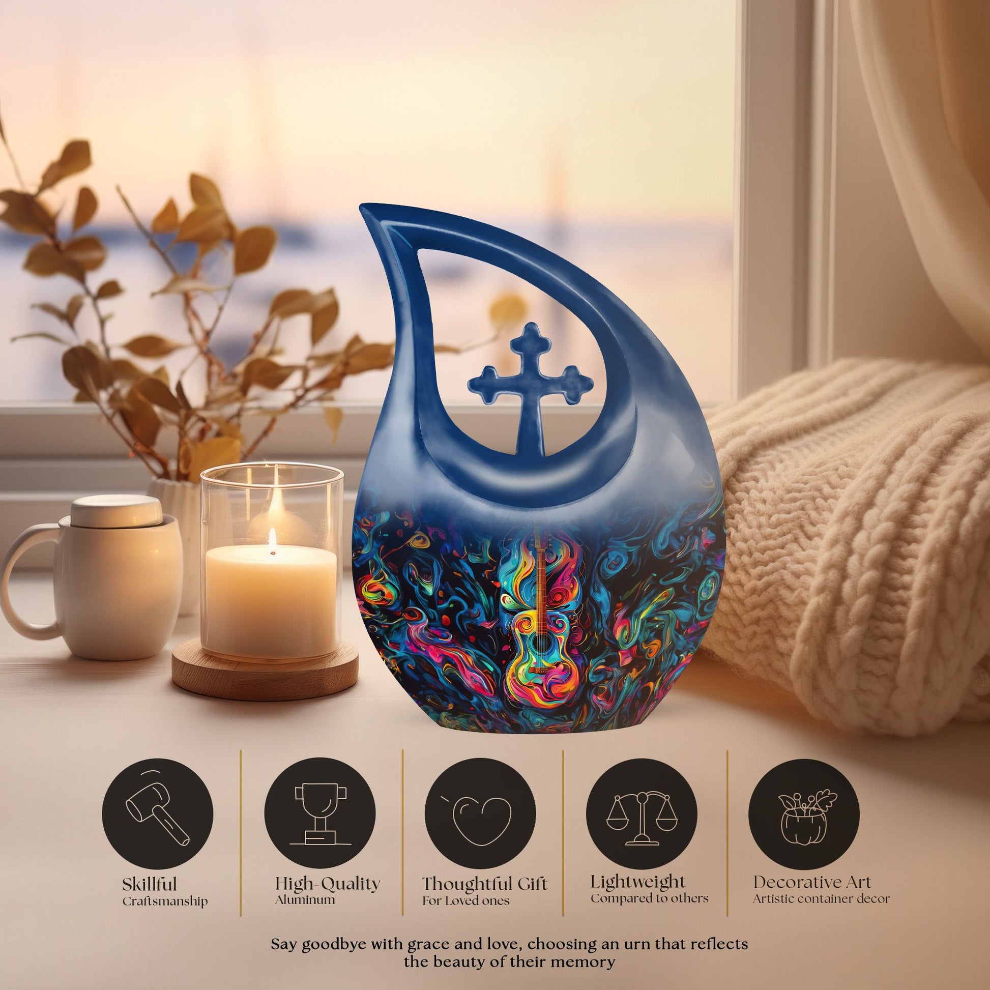 blue guitar-themed large aluminium urn