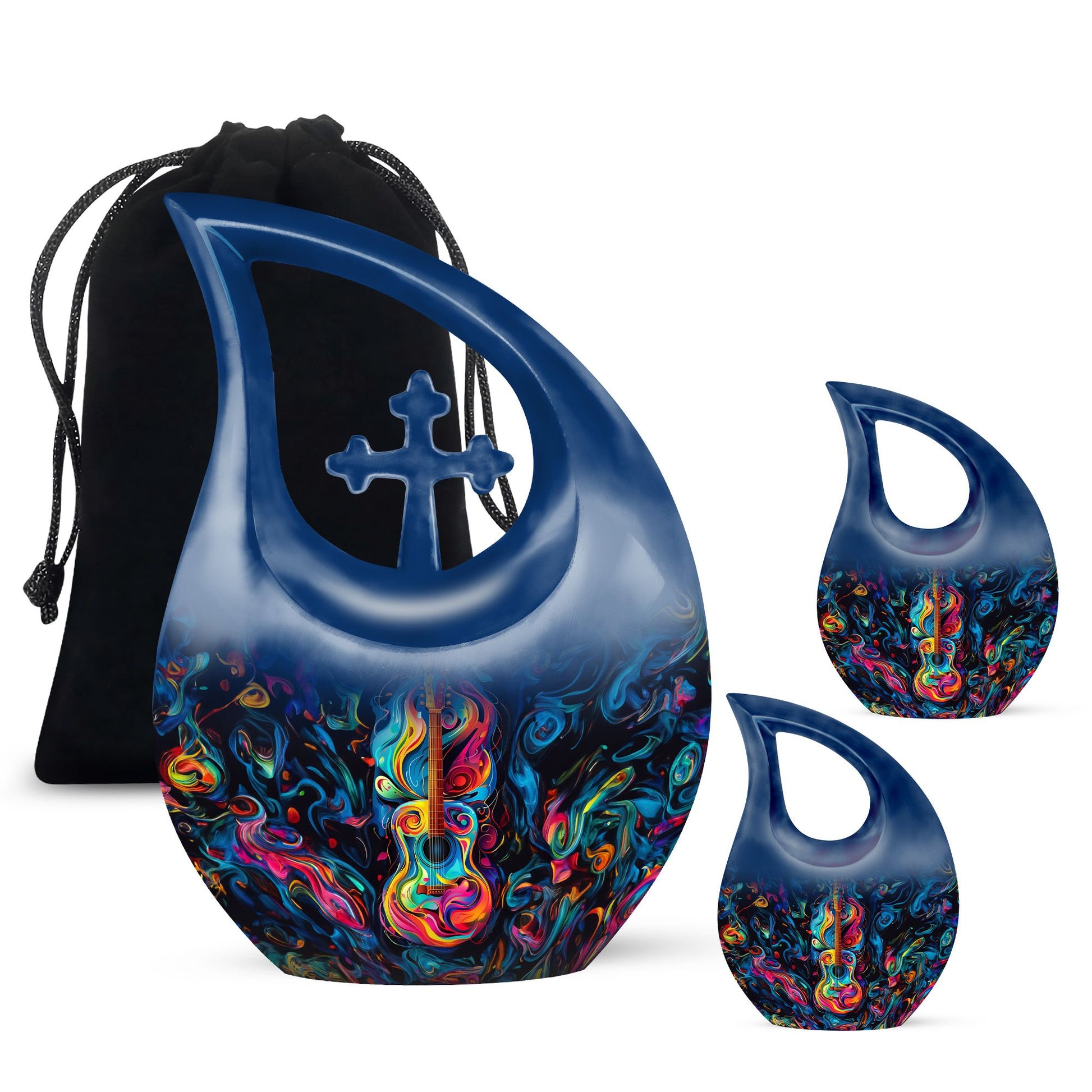 blue guitar-themed large aluminium urn