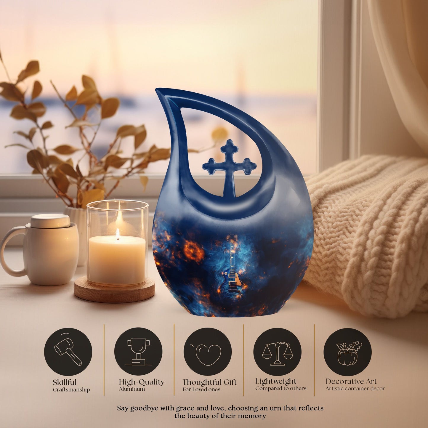 10-inch Guitar Themed Cross Drop Memorial Urn