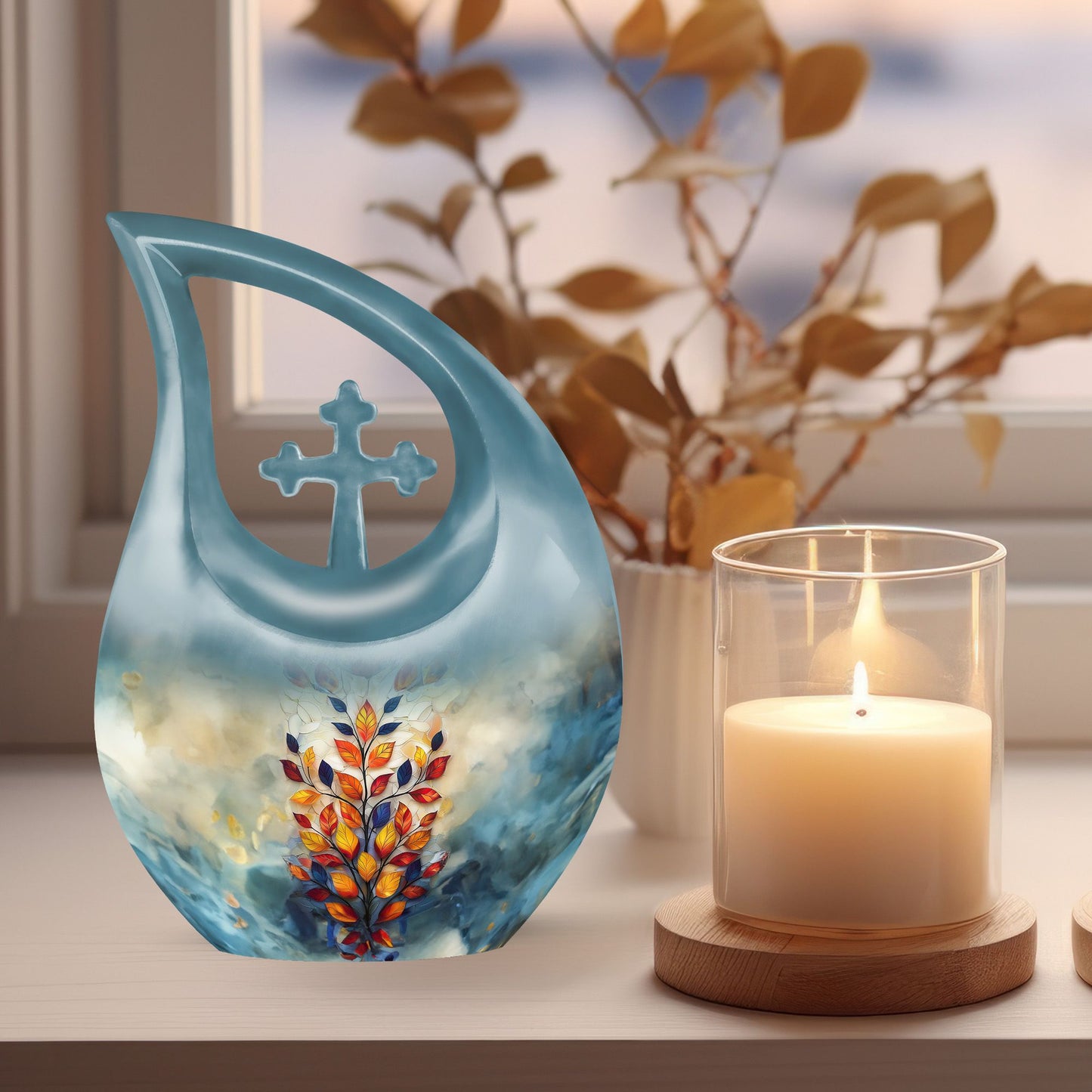 Stained Glass Cross Drop Cremation Urn
