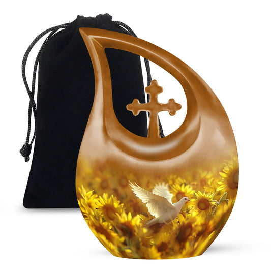 10 Inch Dove and Cross Drop Design Aluminium Large Urn, 