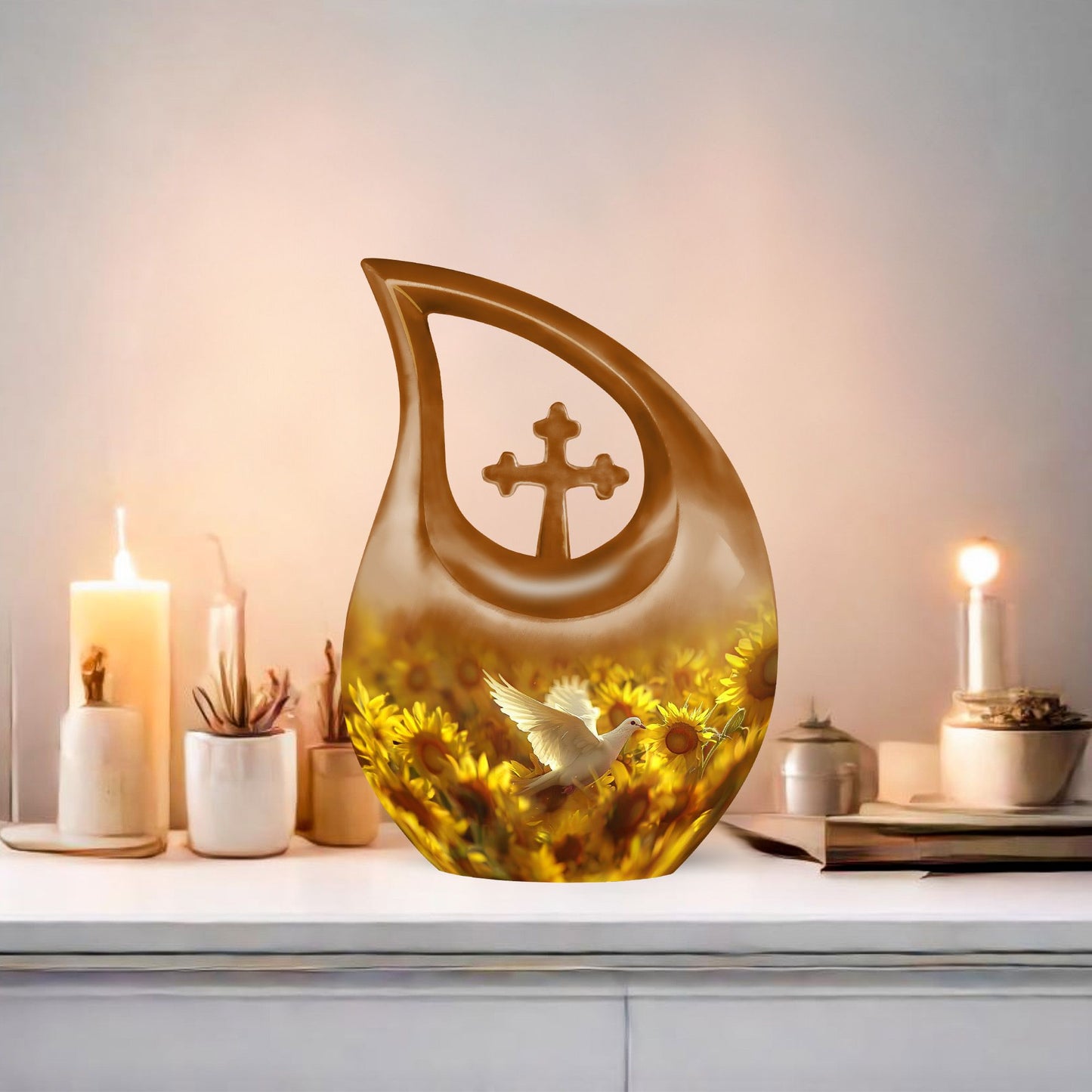 10 Inch Dove and Cross Drop Design Aluminium Large Urn, 