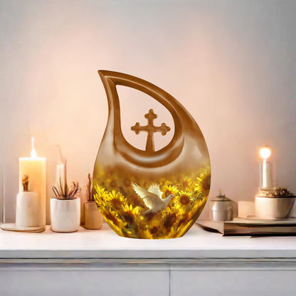 10 Inch Dove and Cross Drop Design Aluminium Large Urn, 
