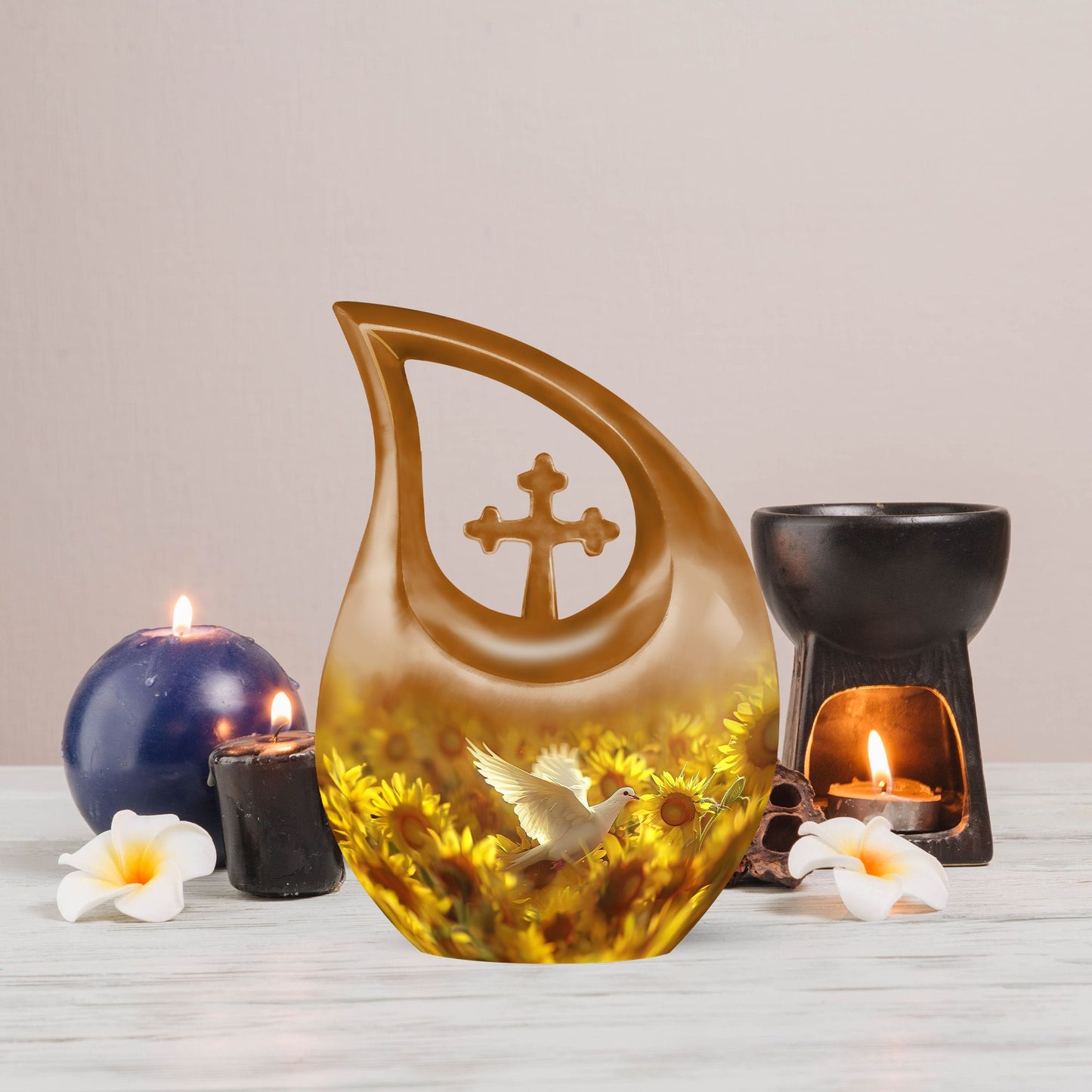 10 Inch Dove and Cross Drop Design Aluminium Large Urn, 