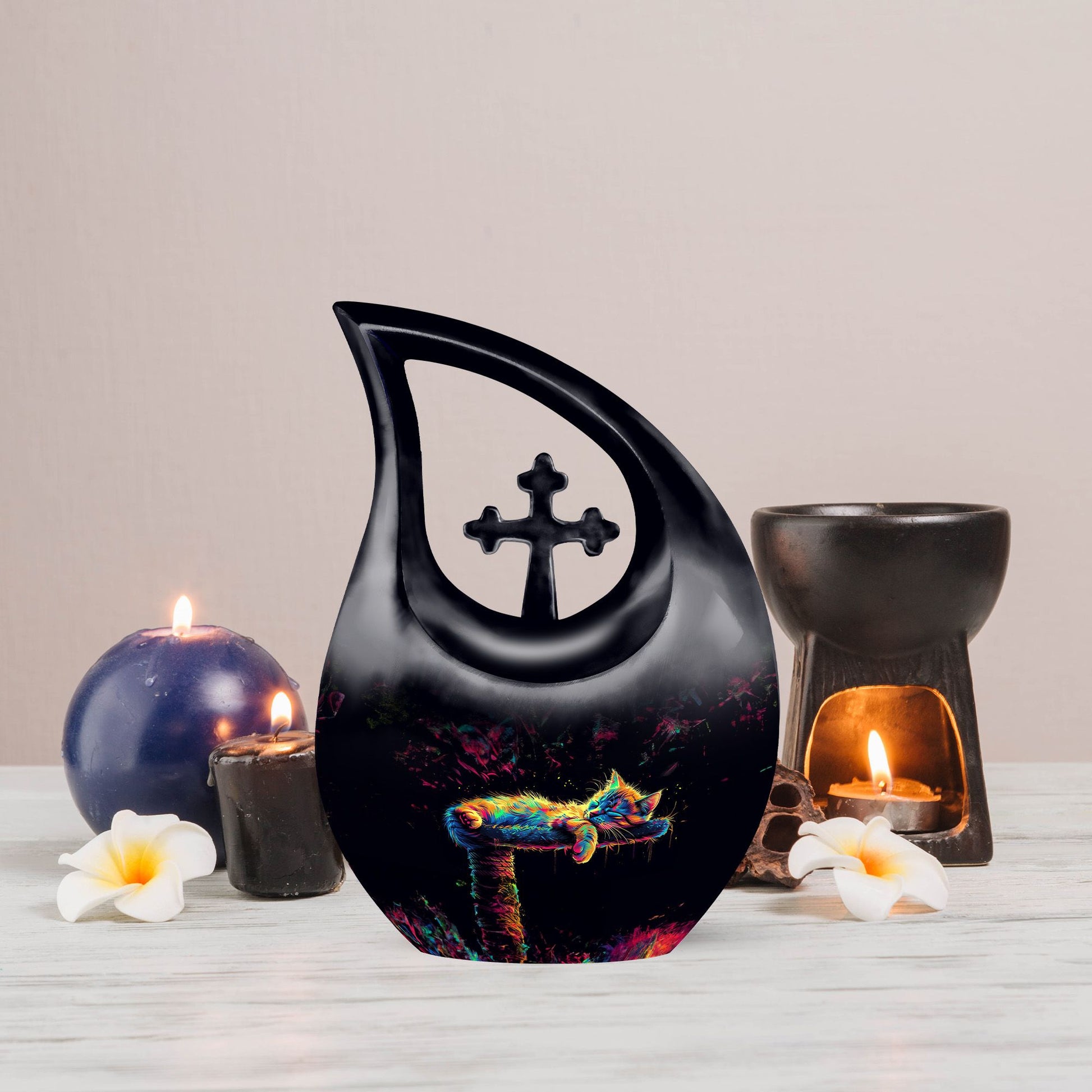 10-inch Cross Drop design Cat Urn 