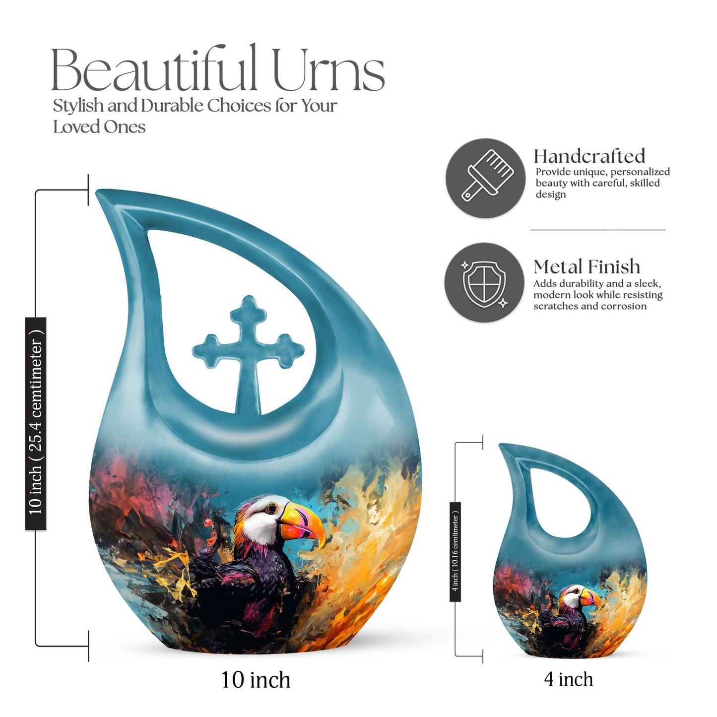Cross Drop design Puffin Bird themed small cremation urn, 