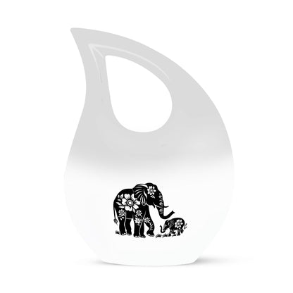 Elephant Urn for Human Ashes, White Urn with Black Floral Elephant and Calf, Memorial Urn