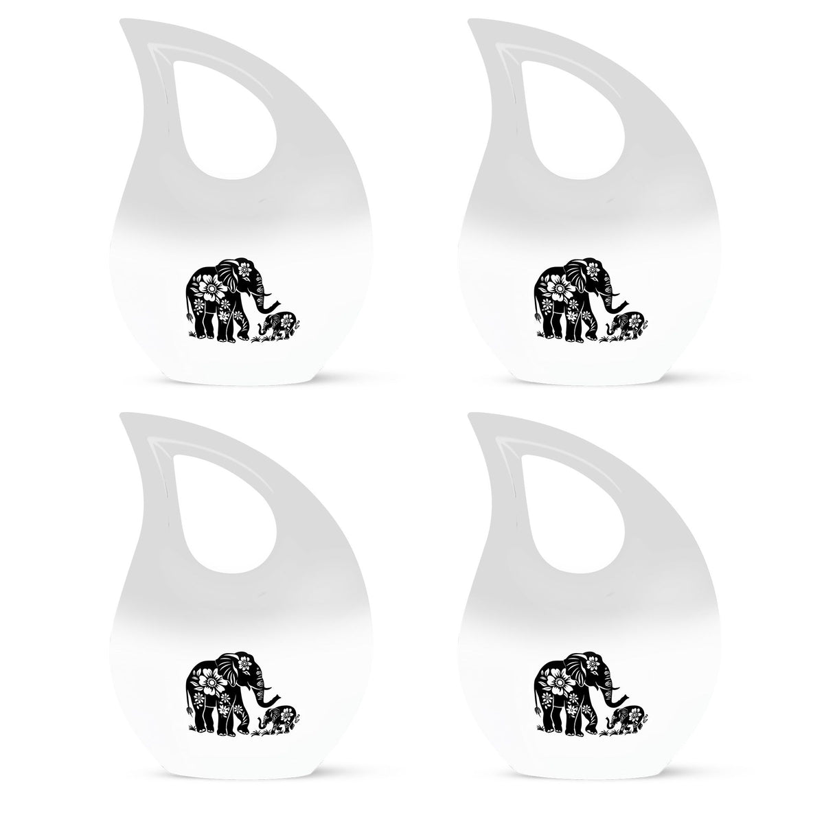 Elephant Urn for Human Ashes, White Urn with Black Floral Elephant and Calf, Memorial Urn