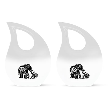 Elephant Urn for Human Ashes, White Urn with Black Floral Elephant and Calf, Memorial Urn