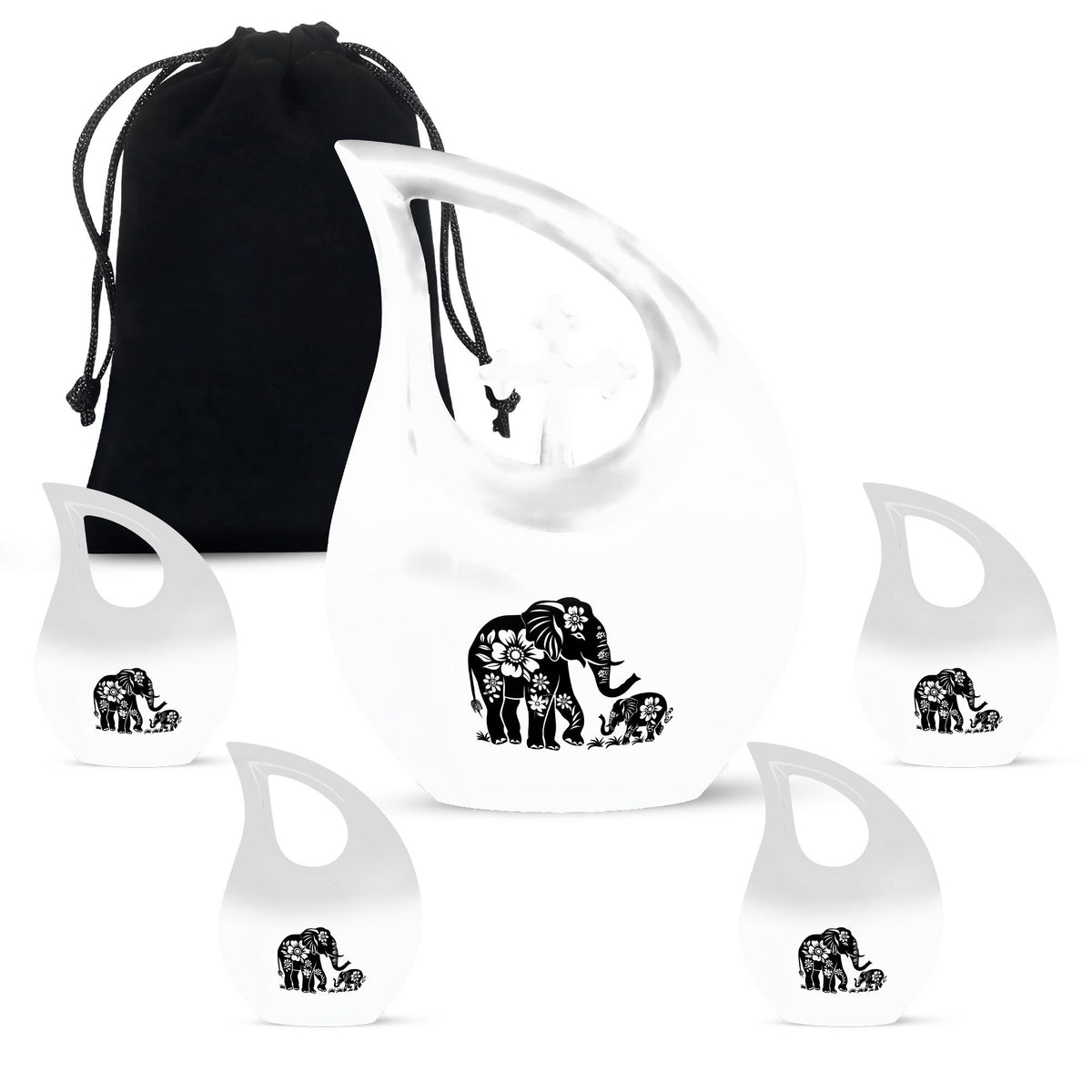 Elephant Urn for Human Ashes, White Urn with Black Floral Elephant and Calf, Memorial Urn