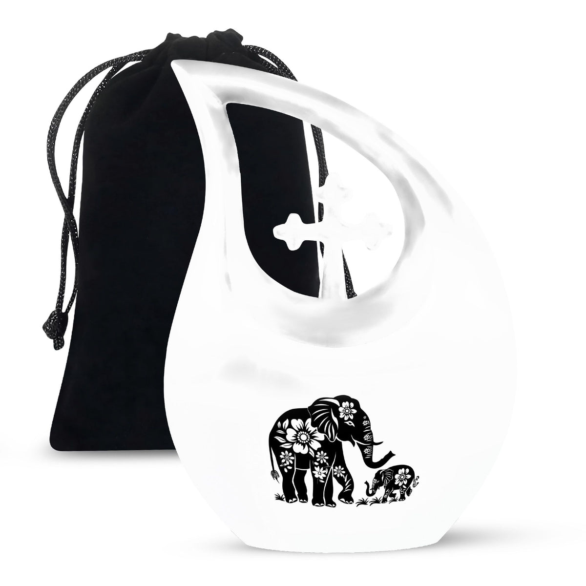 Elephant Urn for Human Ashes, White Urn with Black Floral Elephant and Calf, Memorial Urn