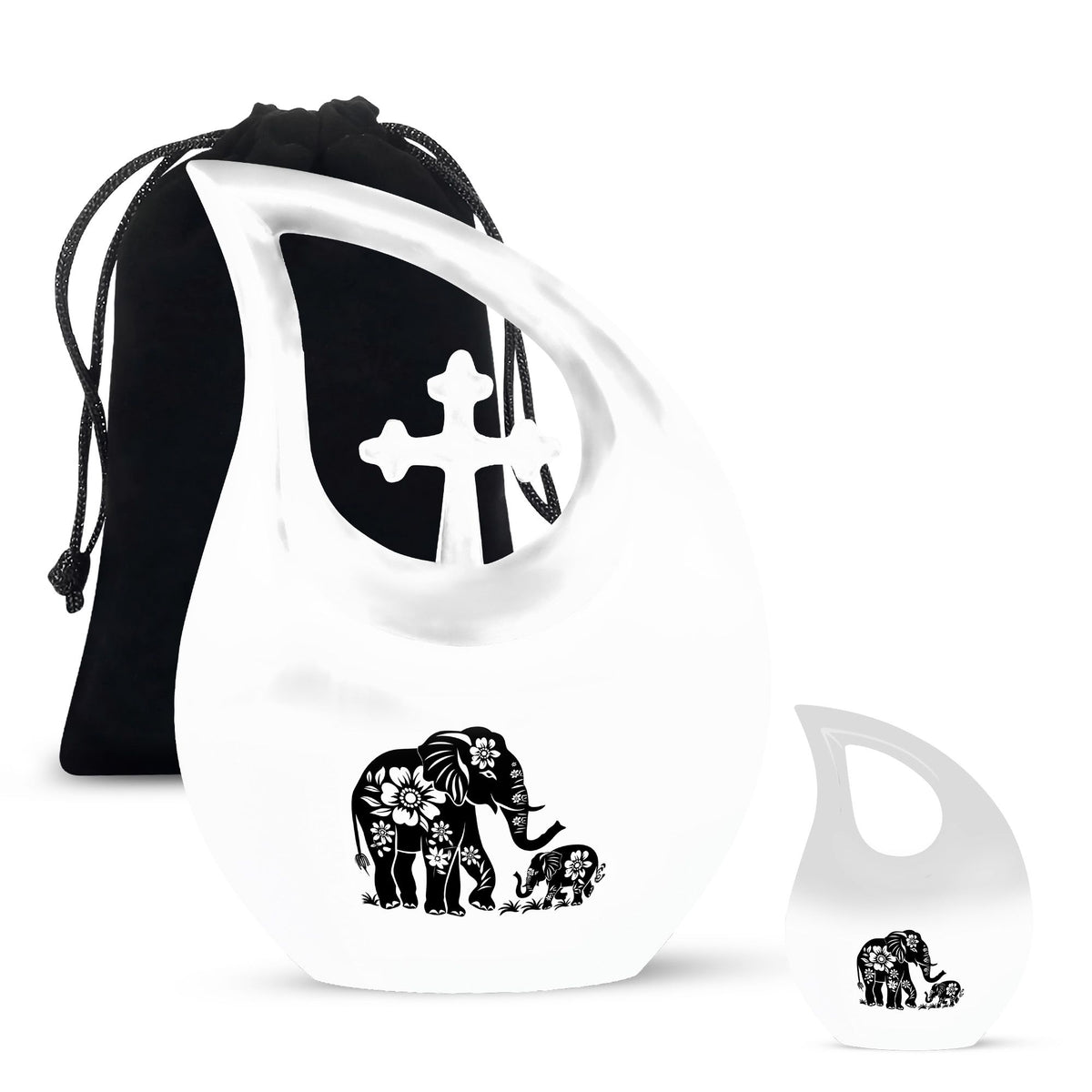 Elephant Urn for Human Ashes, White Urn with Black Floral Elephant and Calf, Memorial Urn