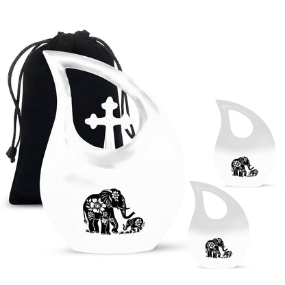Elephant Urn for Human Ashes, White Urn with Black Floral Elephant and Calf, Memorial Urn