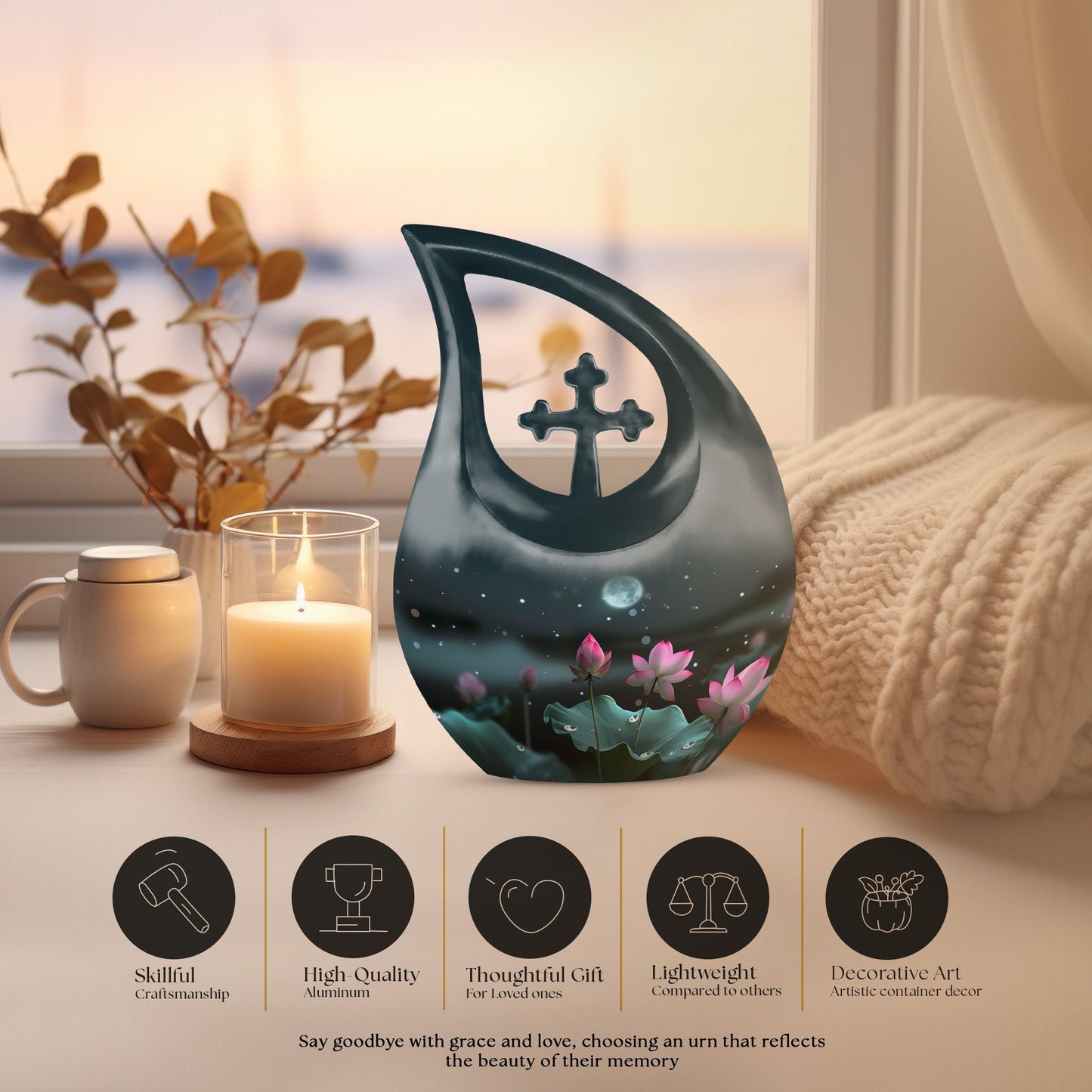 10-inch Aluminium Cross Drop Lotus Memorial Urn, 