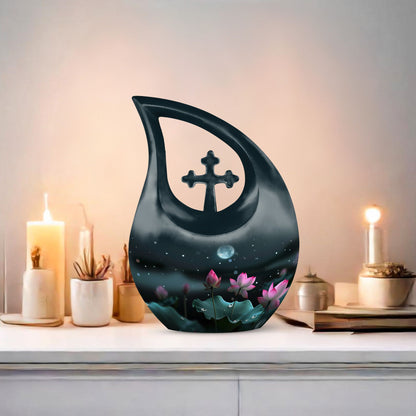 10-inch Aluminium Cross Drop Lotus Memorial Urn, 