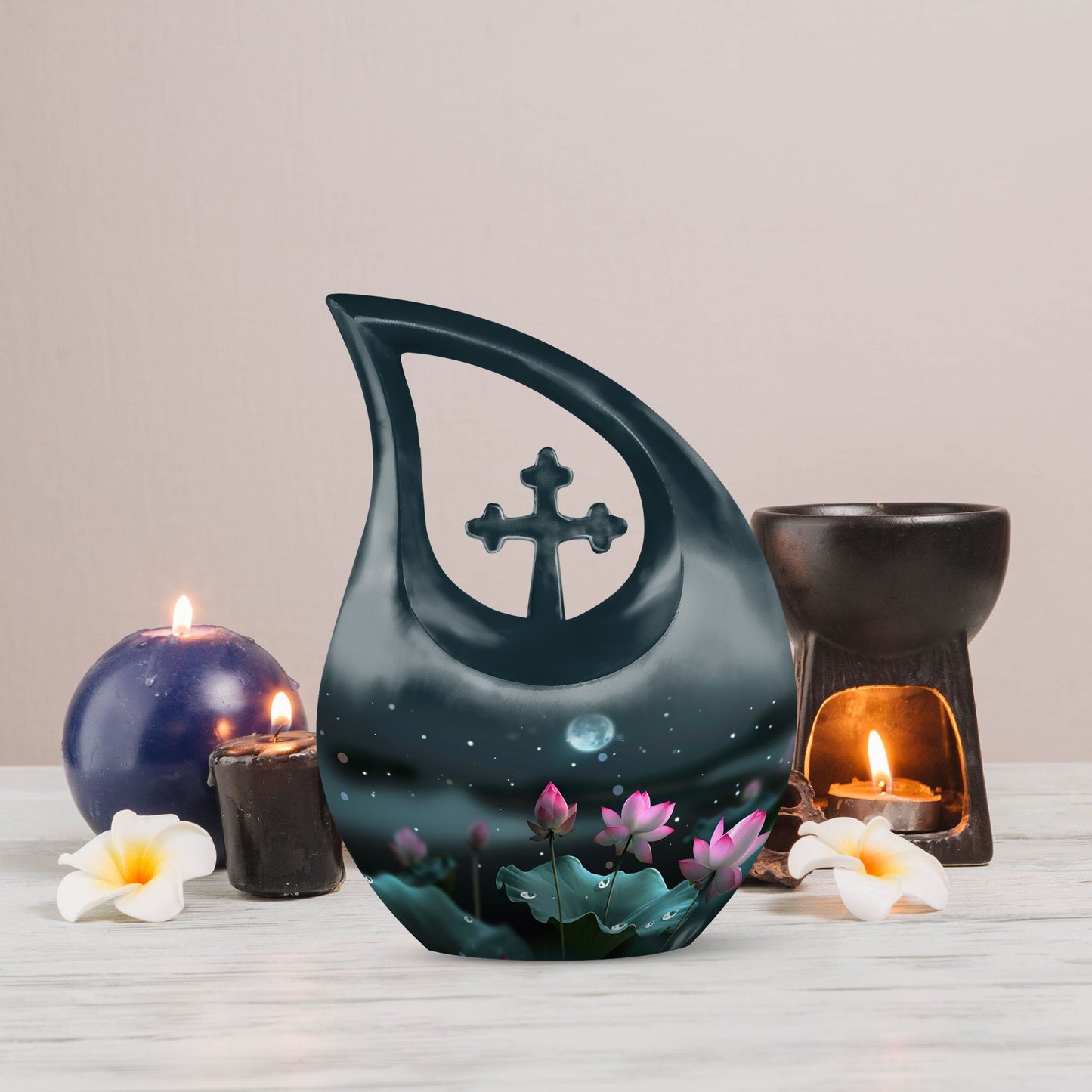 10-inch Aluminium Cross Drop Lotus Memorial Urn, 