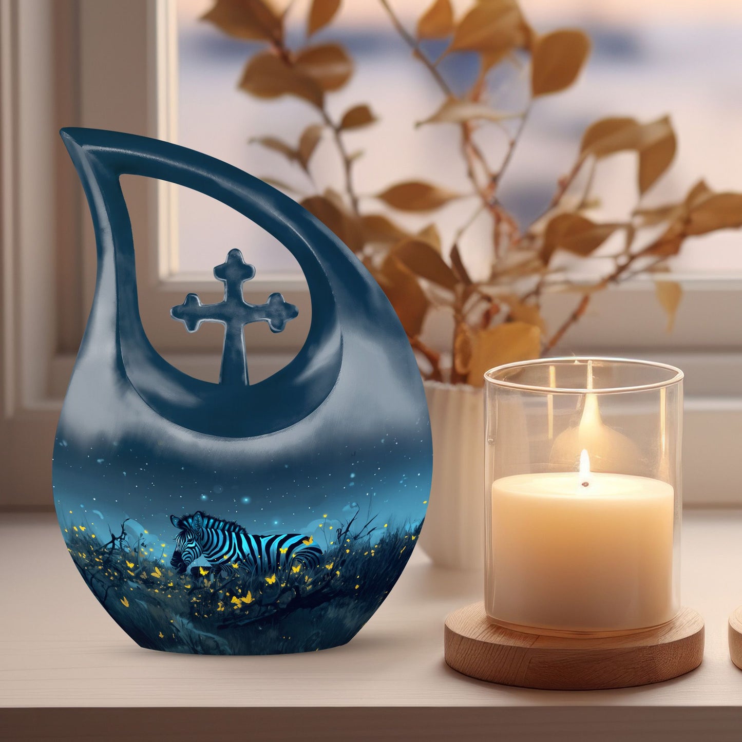 10-inch Zebra-themed Cross Drop Memorial Urn, 