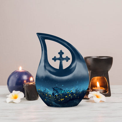 10-inch Zebra-themed Cross Drop Memorial Urn, 