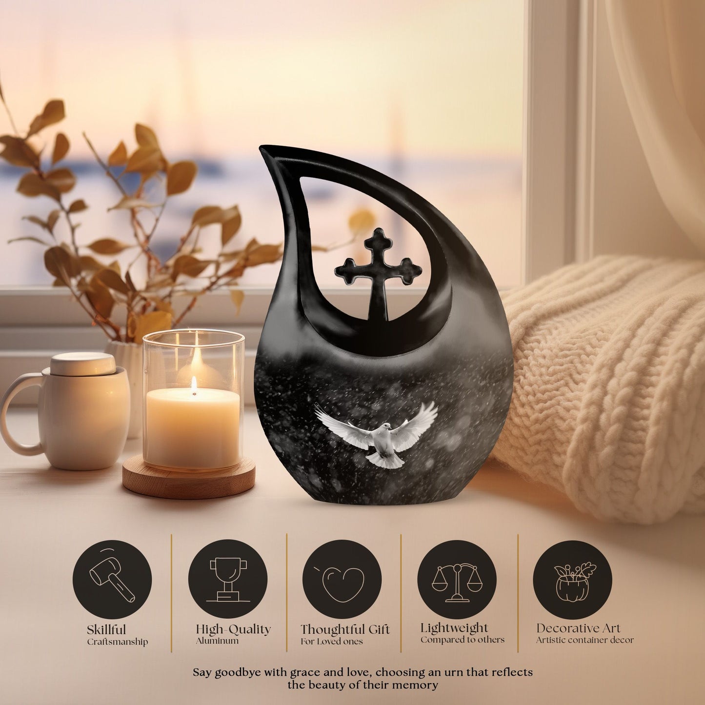 10 inch Dove Urn with Cross Drop design,