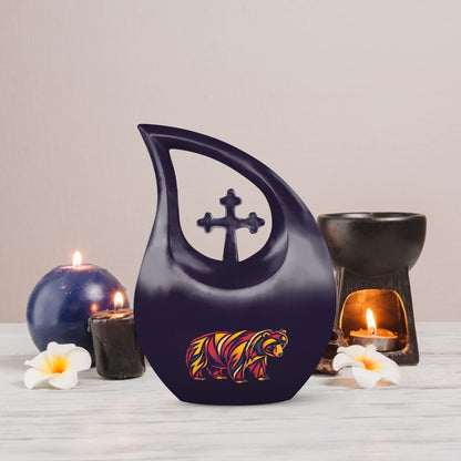 10 inch Bear Urn, Beautiful Cross Drop Design,