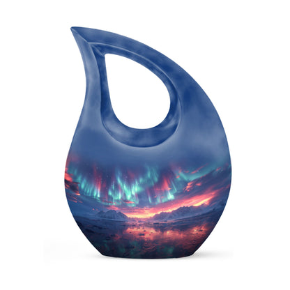Aurora Borealis Urn for Human Ashes, over Sunset Mountains and Water, Cremation Urn