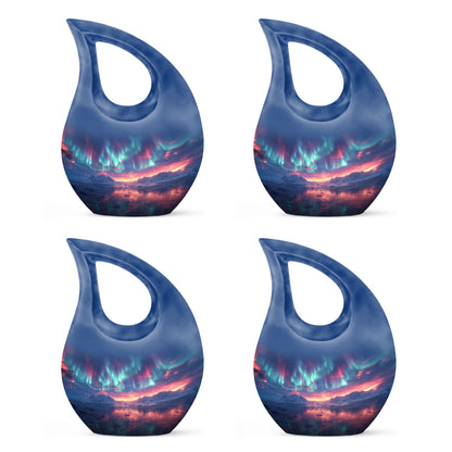 Aurora Borealis Urn for Human Ashes, over Sunset Mountains and Water, Cremation Urn