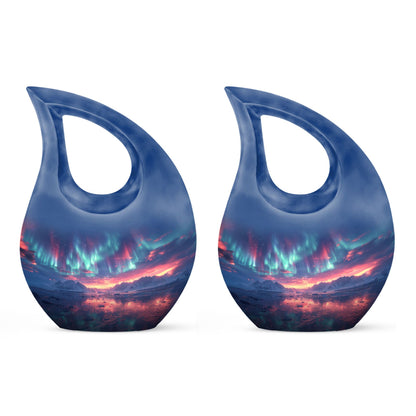 Aurora Borealis Urn for Human Ashes, over Sunset Mountains and Water, Cremation Urn