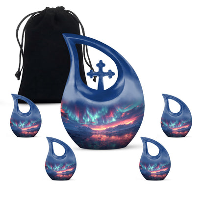 Aurora Borealis Urn for Human Ashes, over Sunset Mountains and Water, Cremation Urn