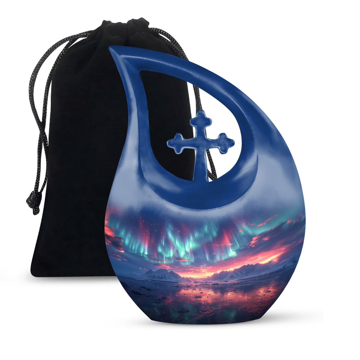 Aurora Borealis Urn for Human Ashes, over Sunset Mountains and Water, Cremation Urn