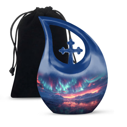 Aurora Borealis Urn for Human Ashes, over Sunset Mountains and Water, Cremation Urn