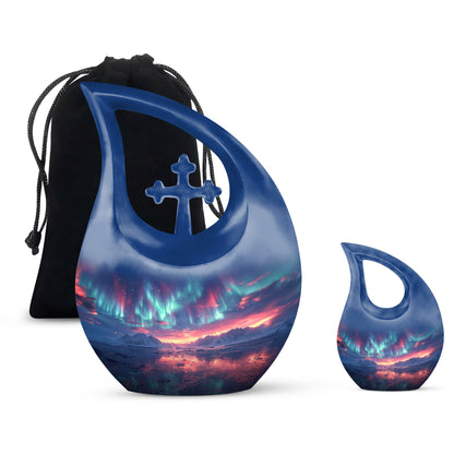 Aurora Borealis Urn for Human Ashes, over Sunset Mountains and Water, Cremation Urn