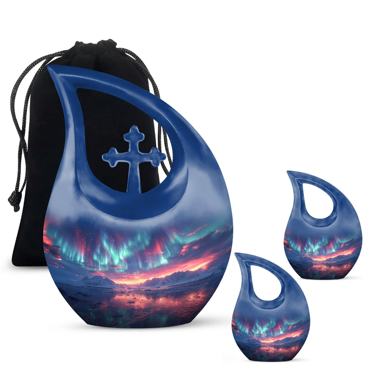 Aurora Borealis Urn for Human Ashes, over Sunset Mountains and Water, Cremation Urn