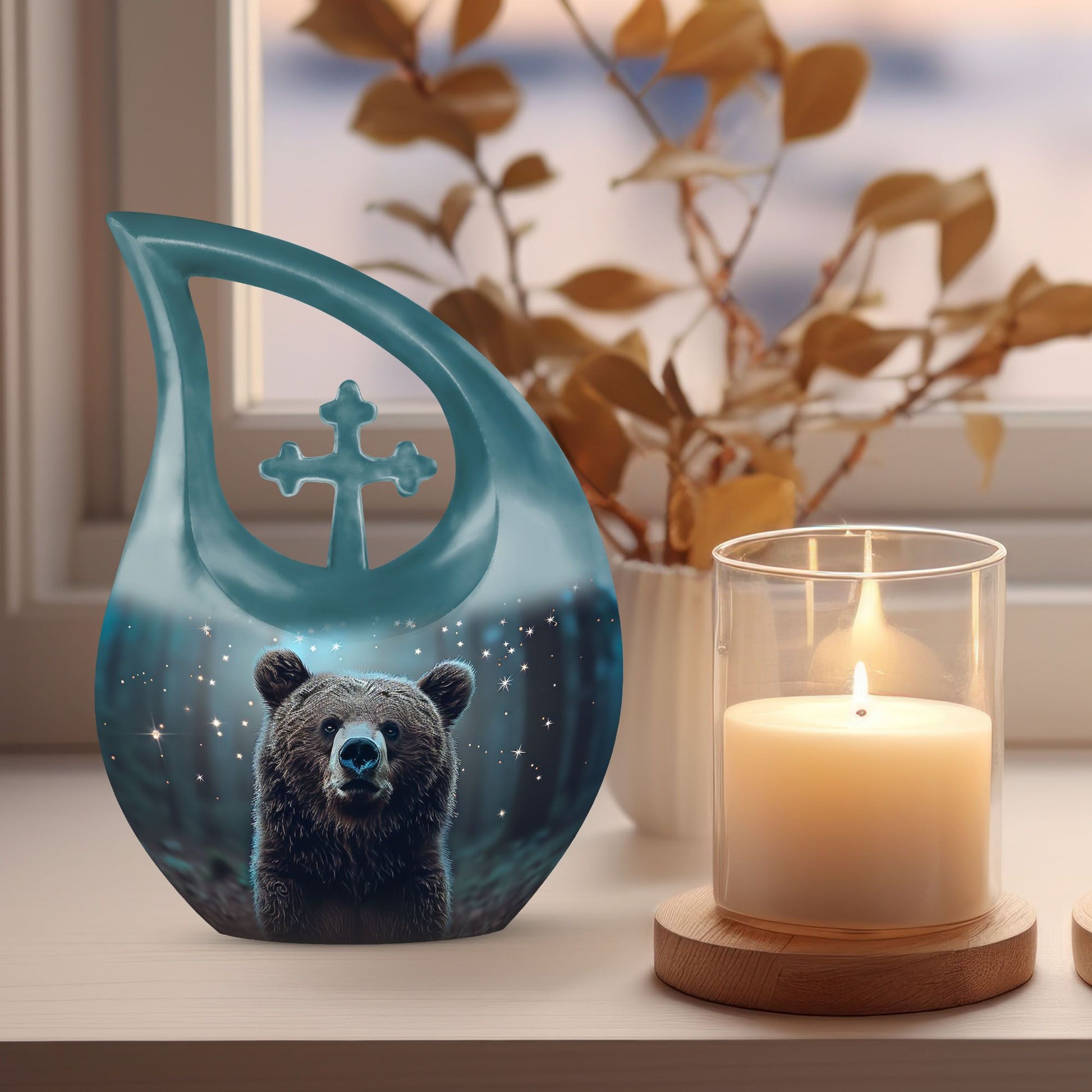 Bear-themed cross drop design urn