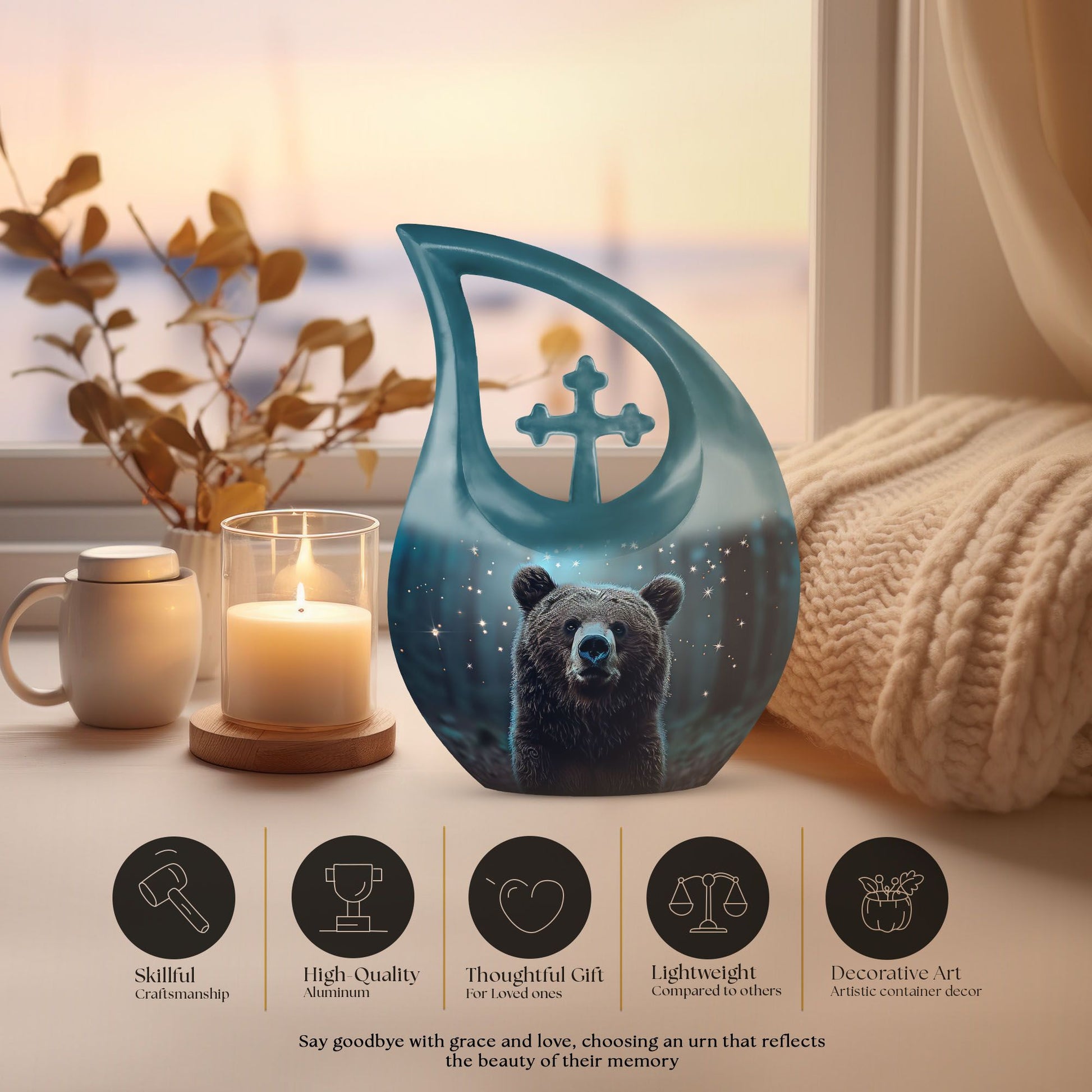 Bear-themed cross drop design urn